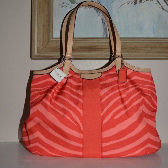 Coach NEW orange Devin Stripe Signature Exotic colorful leather strap tote bag - Picture 4 of 15